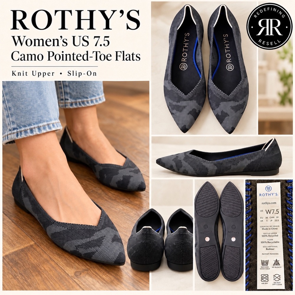 Rothy's The Point Women 7.5 Grey Camo Pointed Toe Knit Slip On Flats